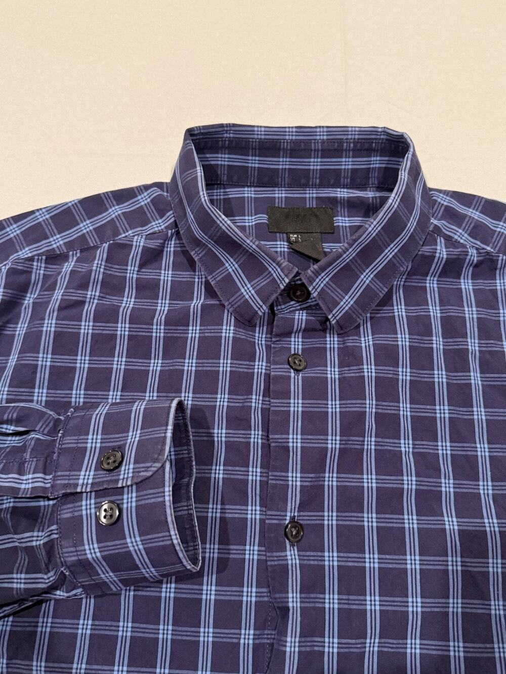 H&M Slim Fit Plaid Button Up Shirt Men’s L Blue Long Sleeve Casual Cotton Blend